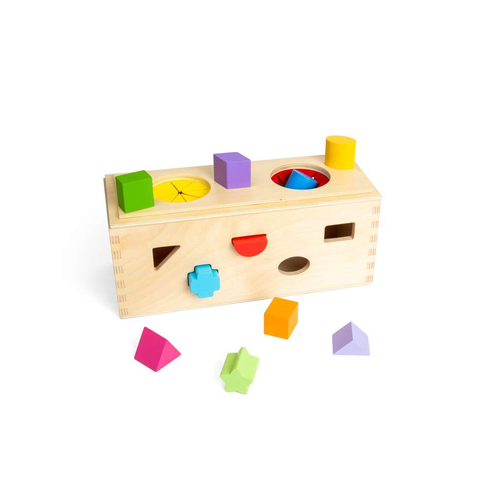 Bigjigs Toys Wooden Mystery Box Shape Sorter Sensory Toy with 10 Pieces