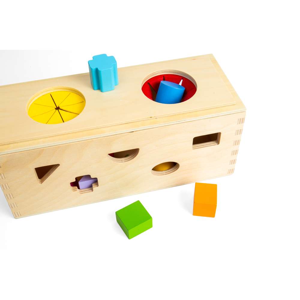 Bigjigs Toys Wooden Mystery Box Shape Sorter Sensory Toy with 10 Pieces