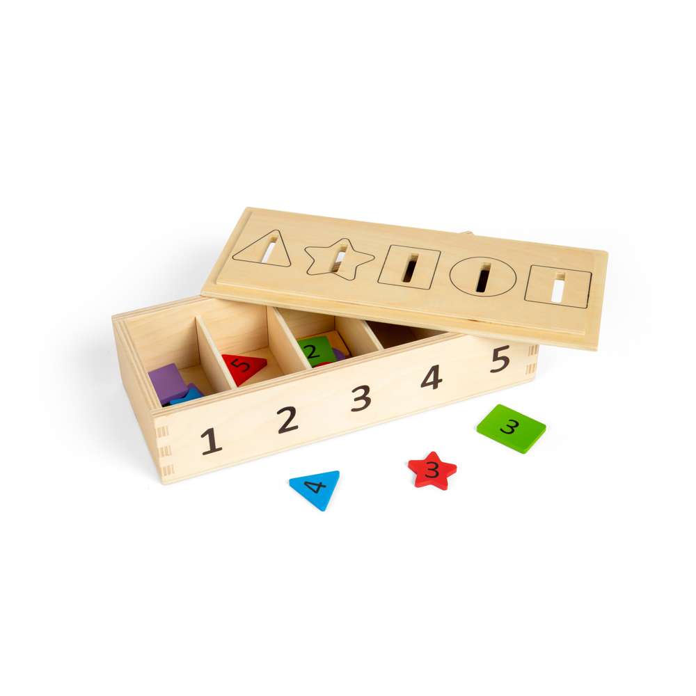 Bigjigs Toys Wooden Sorter Box Number Colour and Shape Sorting Toy with 27 Play Pieces