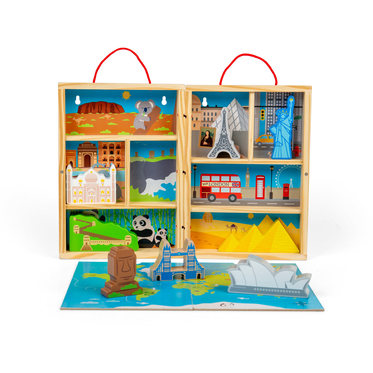 Bigjigs Toys Wooden Travel Playbox with 10 Pieces and Map for 18 Months Plus