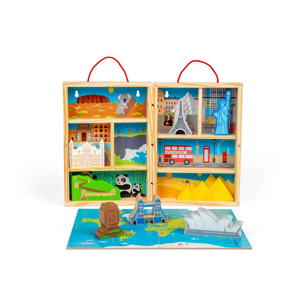 Bigjigs Toys Wooden Travel Playbox with 10 Pieces and Map for 18 Months Plus