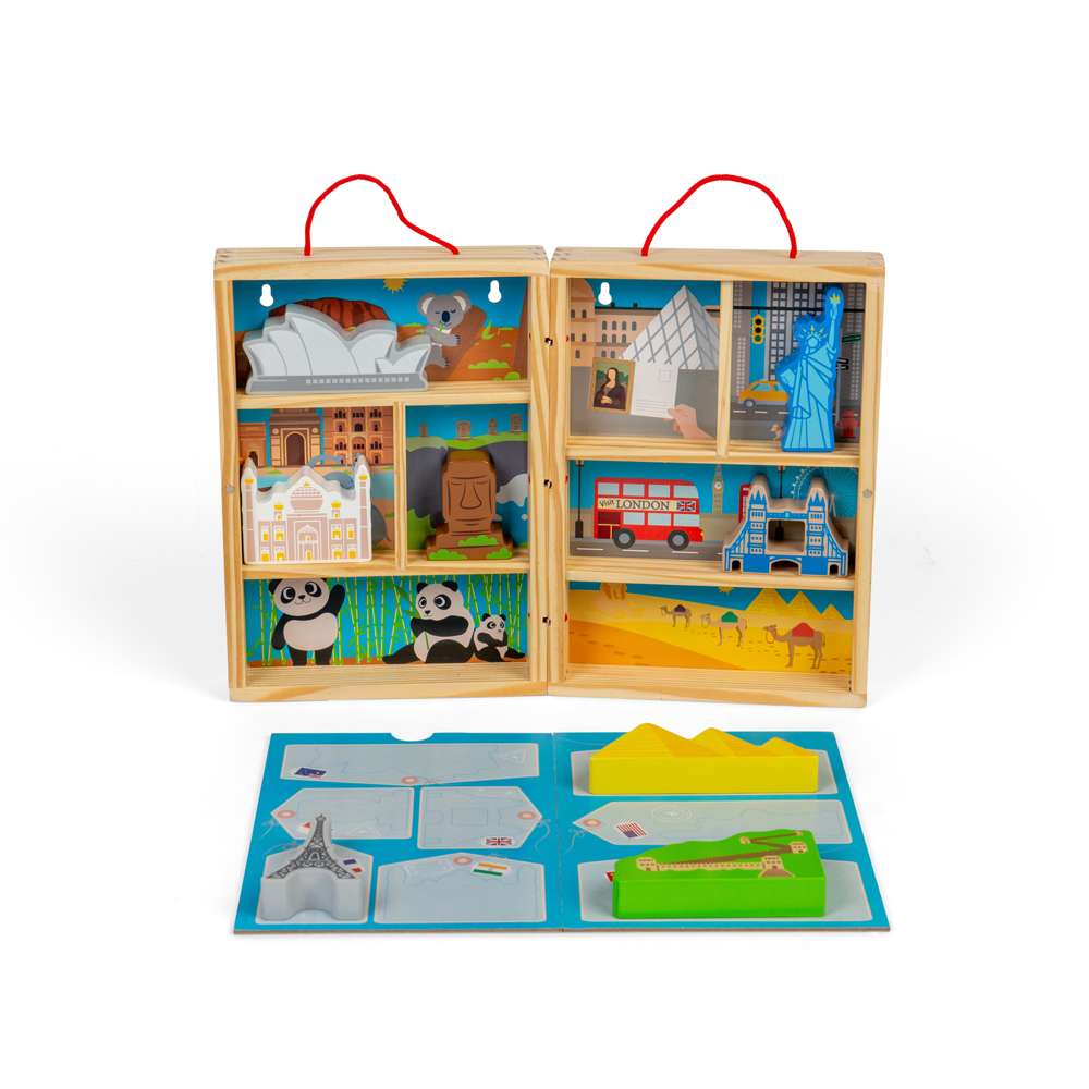 Bigjigs Toys Wooden Travel Playbox with 10 Pieces and Map for 18 Months Plus