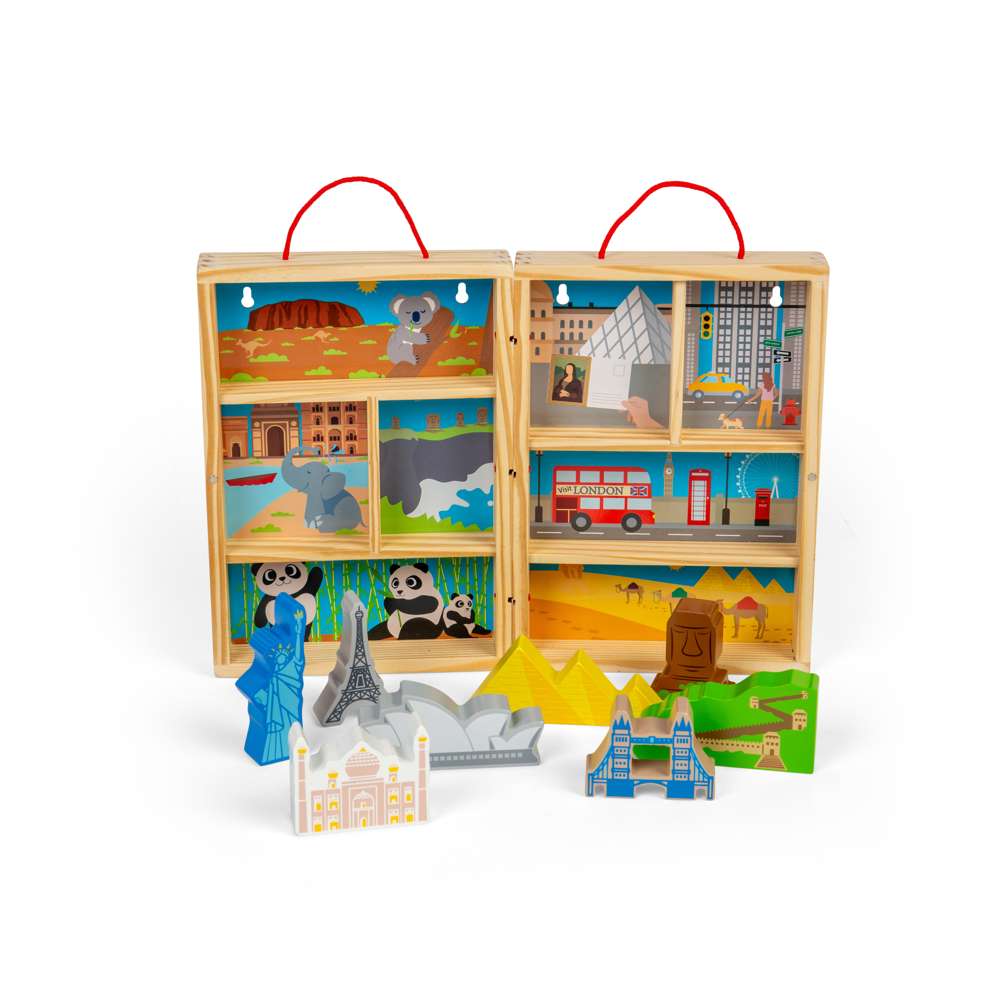 Bigjigs Toys Wooden Travel Playbox with 10 Pieces and Map for 18 Months Plus