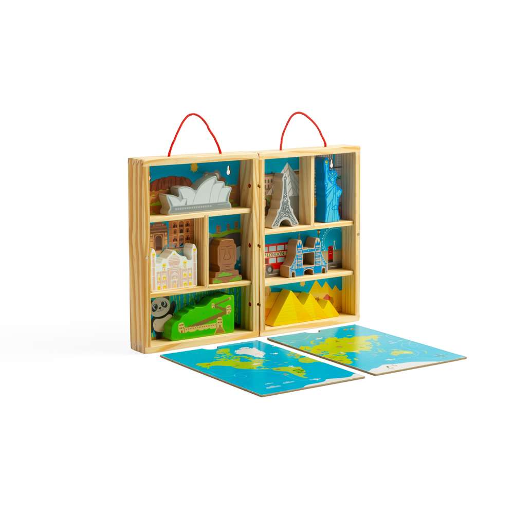Bigjigs Toys Wooden Travel Playbox with 10 Pieces and Map for 18 Months Plus