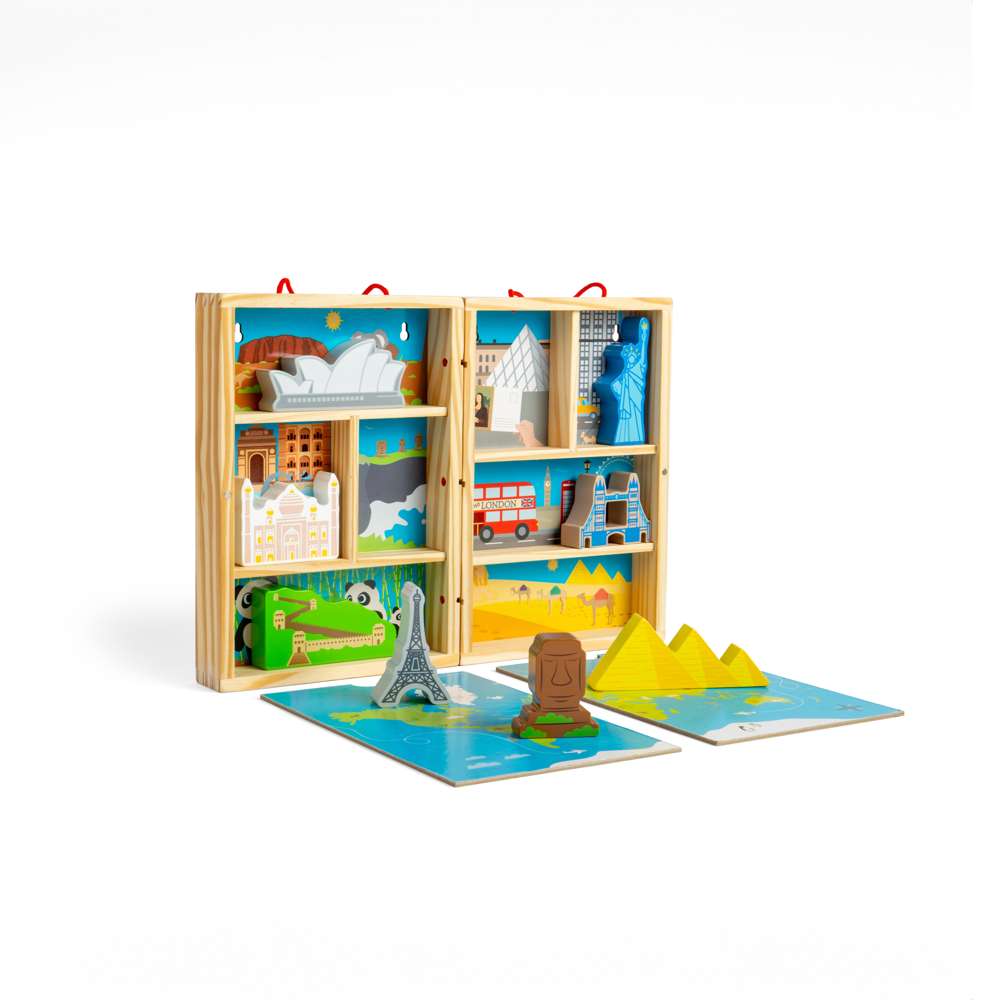 Bigjigs Toys Wooden Travel Playbox with 10 Pieces and Map for 18 Months Plus
