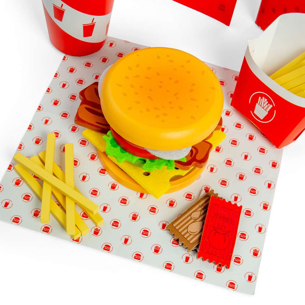 Bigjigs Toys Wooden Burger and Fries Set Kids Play Food 48 Pieces