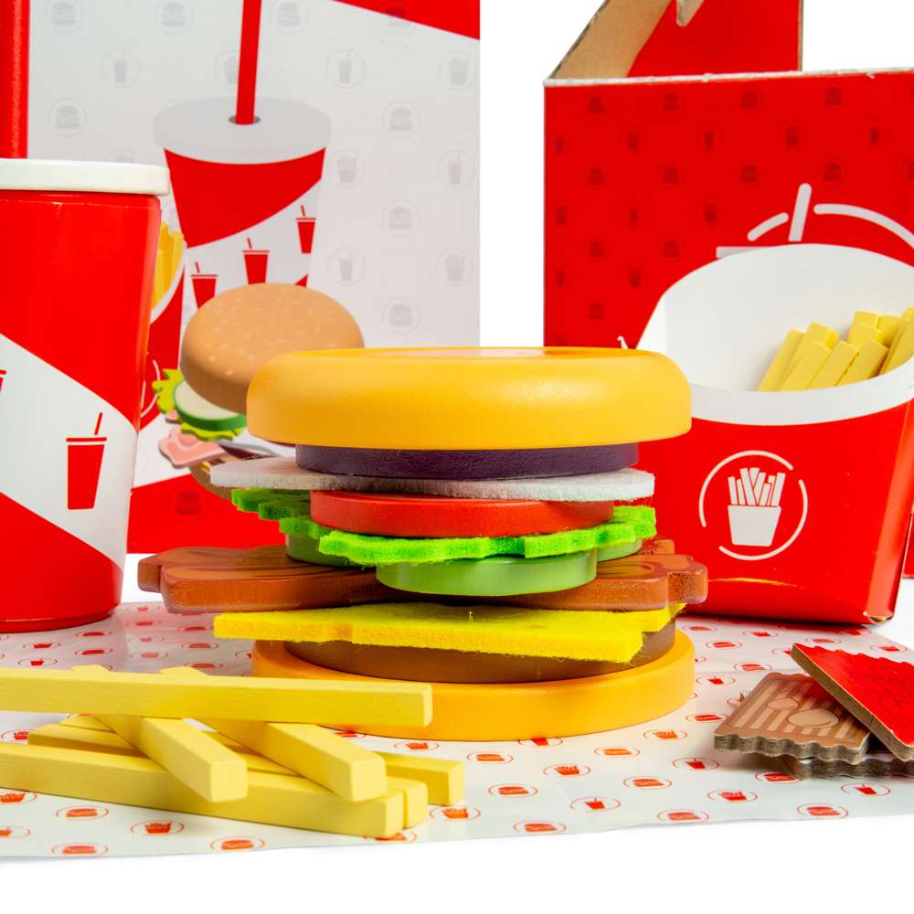 Bigjigs Toys Wooden Burger and Fries Set Kids Play Food 48 Pieces