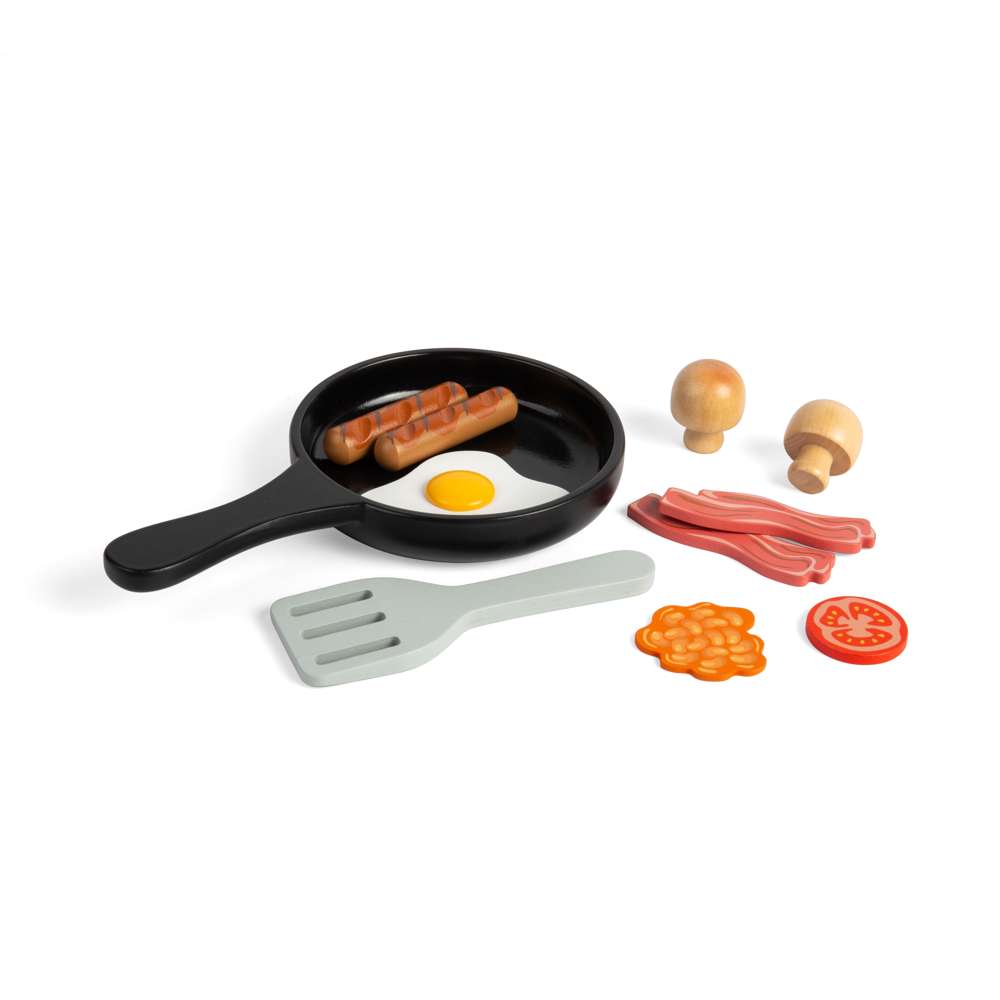 Bigjigs Toys Wooden Breakfast Fry Up Toy Food Set with Saucepan and Spatula 11 Pieces