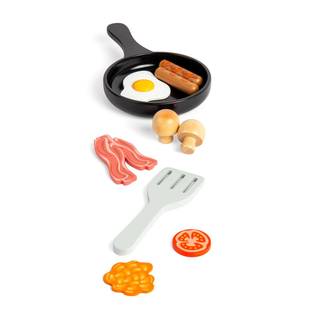 Bigjigs Toys Wooden Breakfast Fry Up Toy Food Set with Saucepan and Spatula 11 Pieces