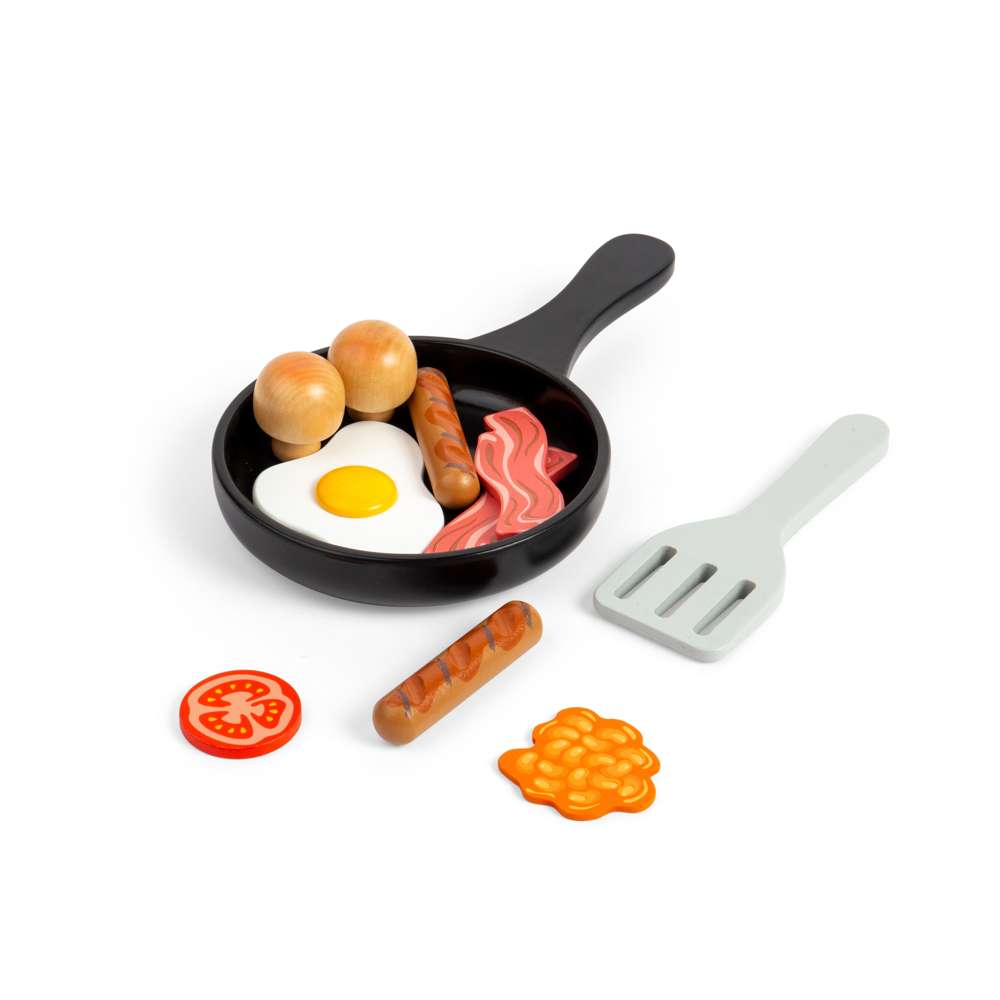 Bigjigs Toys Wooden Breakfast Fry Up Toy Food Set with Saucepan and Spatula 11 Pieces