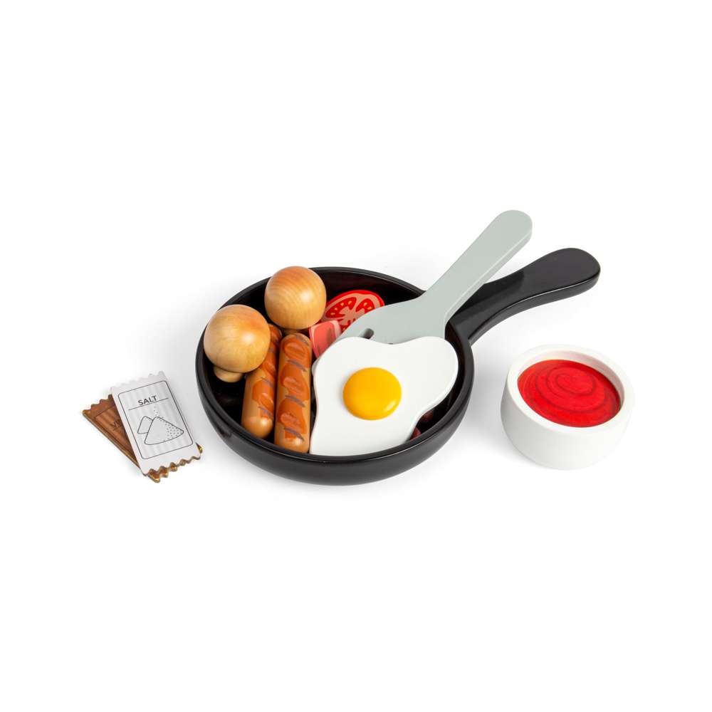 Bigjigs Toys Wooden Breakfast Fry Up Toy Food Set with Saucepan and Spatula 11 Pieces