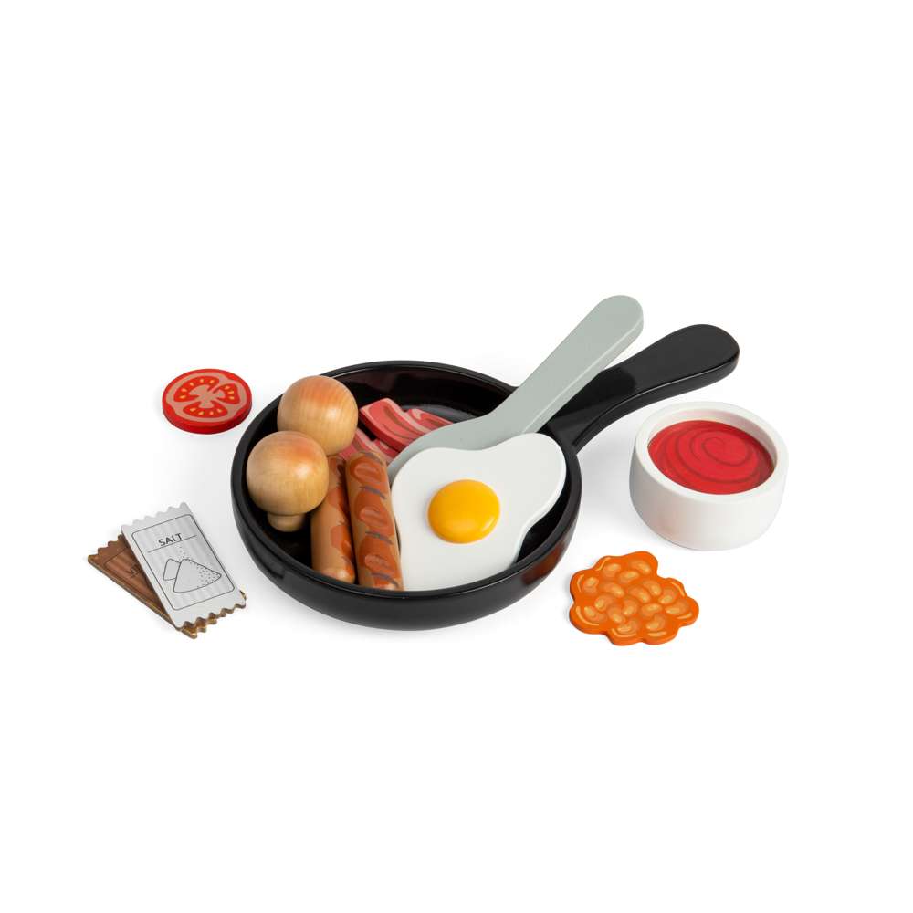 Bigjigs Toys Wooden Breakfast Fry Up Toy Food Set with Saucepan and Spatula 11 Pieces
