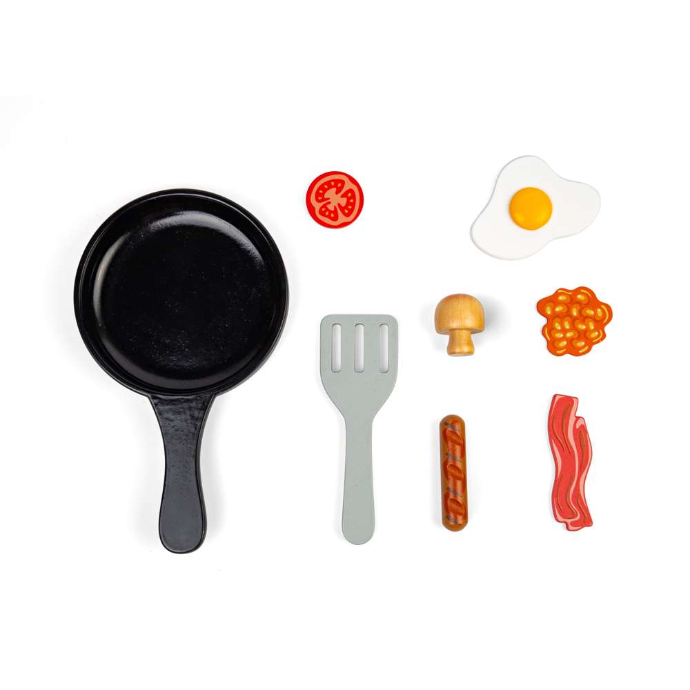 Bigjigs Toys Wooden Breakfast Fry Up Toy Food Set with Saucepan and Spatula 11 Pieces