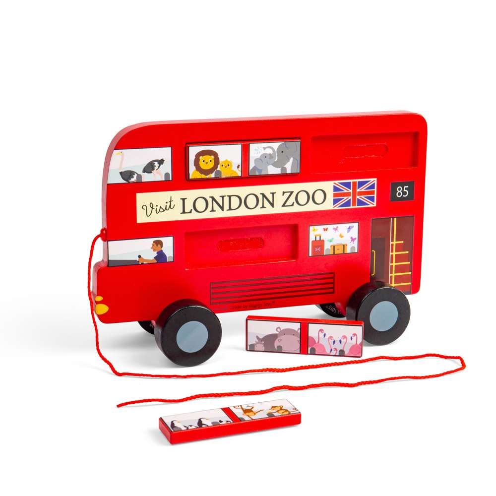 Bigjigs Toys Wooden London Bus Pull Along Toy with 6 Removable Sorting Pieces