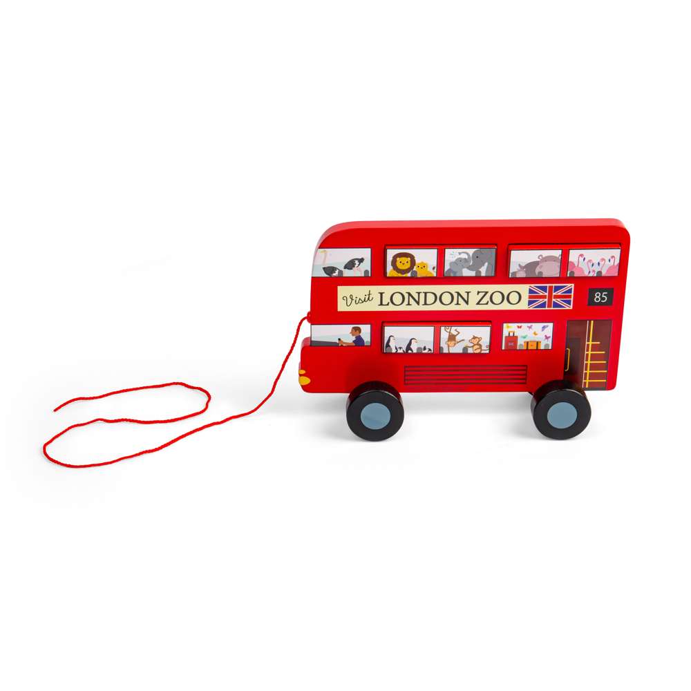 Bigjigs Toys Wooden London Bus Pull Along Toy with 6 Removable Sorting Pieces