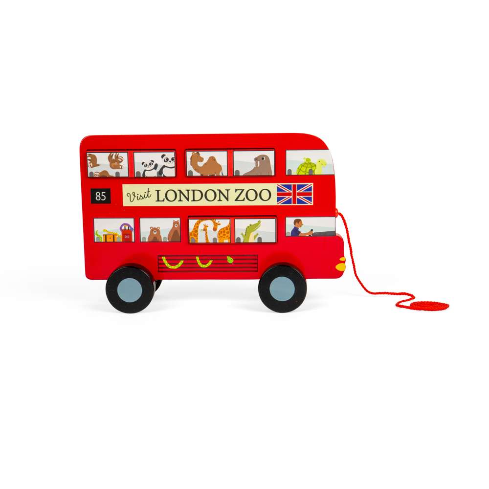 Bigjigs Toys Wooden London Bus Pull Along Toy with 6 Removable Sorting Pieces
