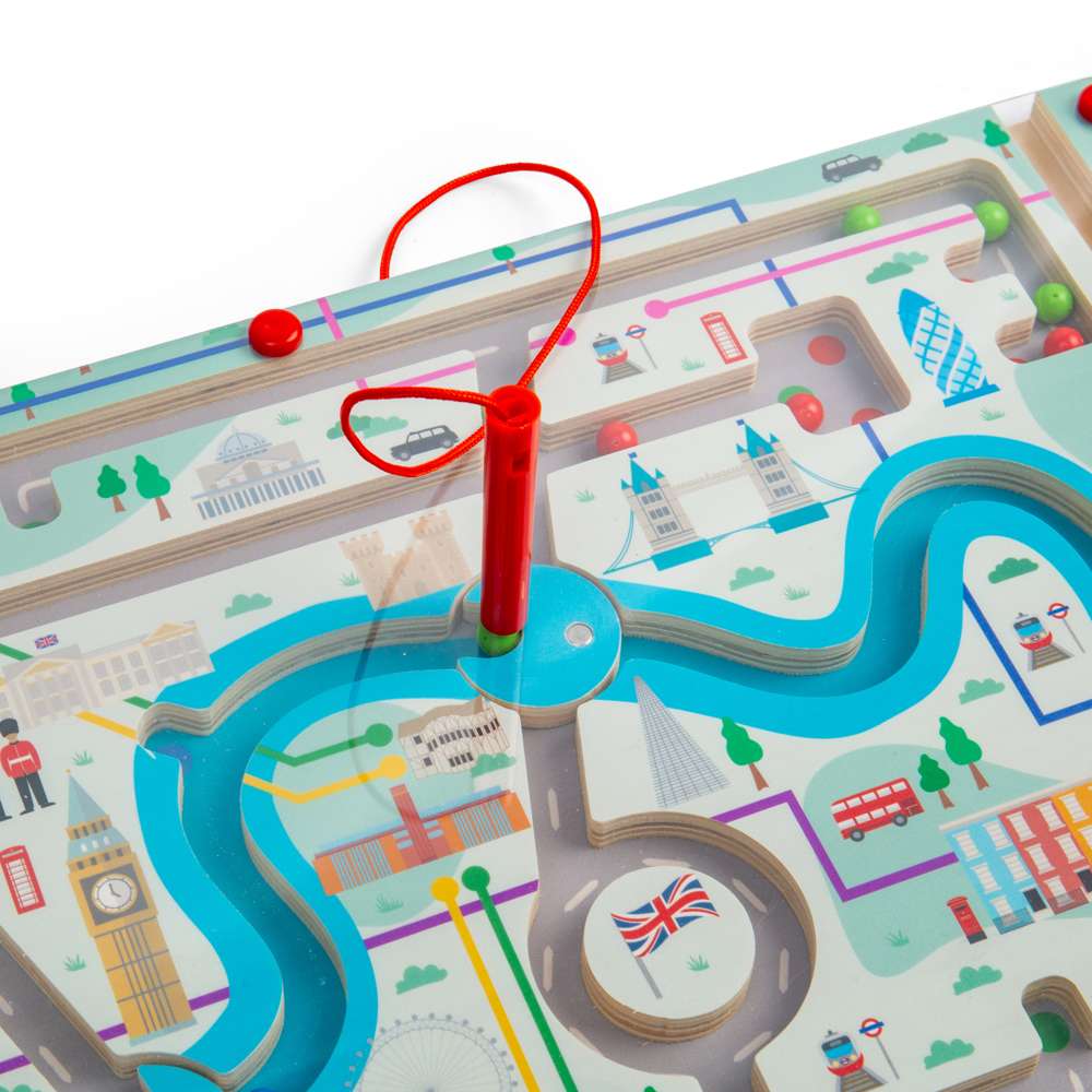 Bigjigs Toys London Maze Puzzle Wooden Educational Toy with 15 Magnetic Balls and Pen