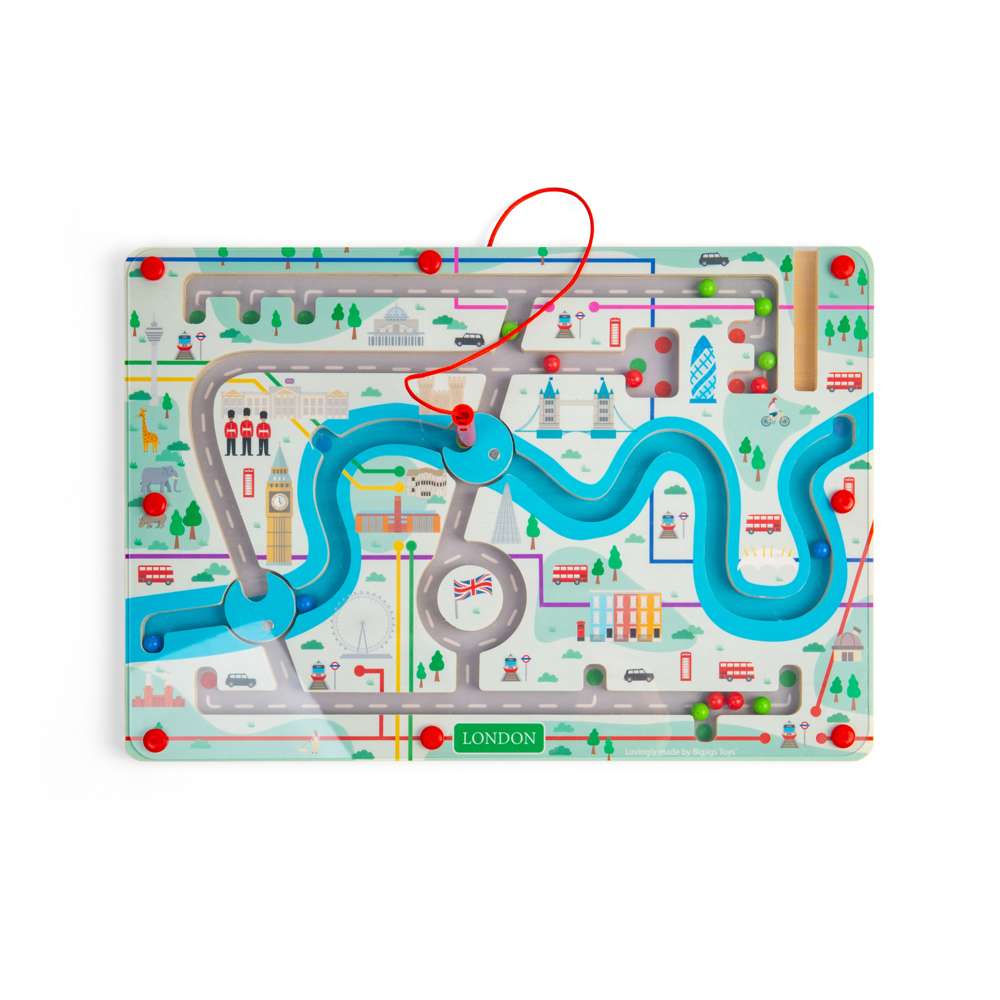 Bigjigs Toys London Maze Puzzle Wooden Educational Toy with 15 Magnetic Balls and Pen