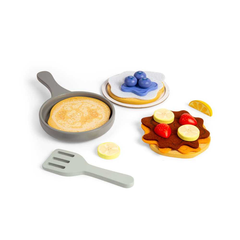 Bigjigs Toys Wooden Pancake Set Kids Kitchen Role Play Toy with 16 Pieces