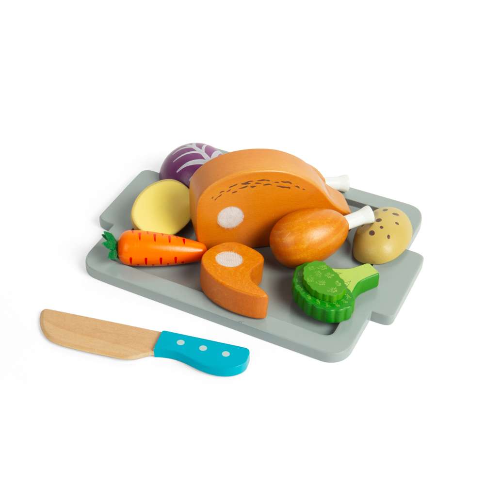 Bigjigs Toys Wooden Roast Dinner Set with Velcro Slicing Chicken and 12 Play Pieces