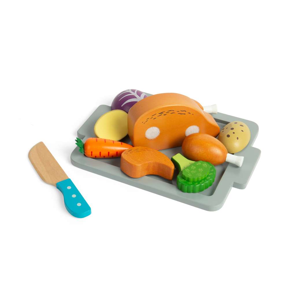 Bigjigs Toys Wooden Roast Dinner Set with Velcro Slicing Chicken and 12 Play Pieces
