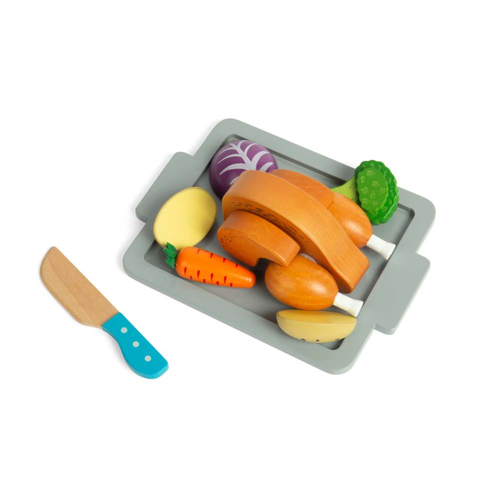 Bigjigs Toys Wooden Roast Dinner Set with Velcro Slicing Chicken and 12 Play Pieces