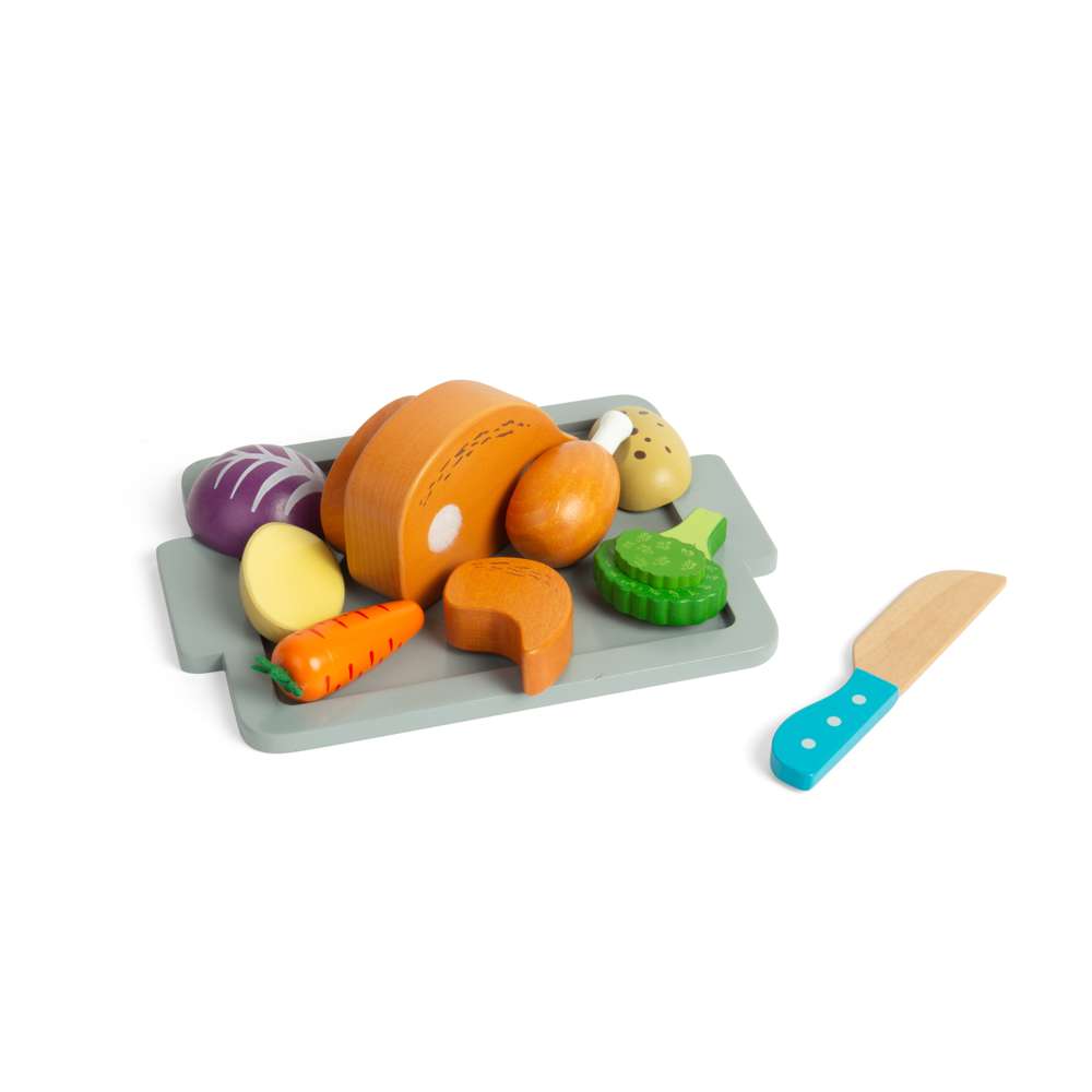 Bigjigs Toys Wooden Roast Dinner Set with Velcro Slicing Chicken and 12 Play Pieces