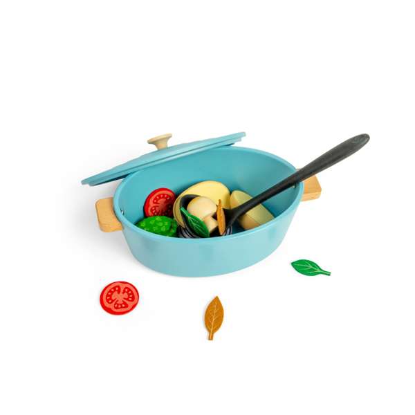 Bigjigs Toys Wooden Casserole Dish Set with Vegetables and Ladle 17 Pieces