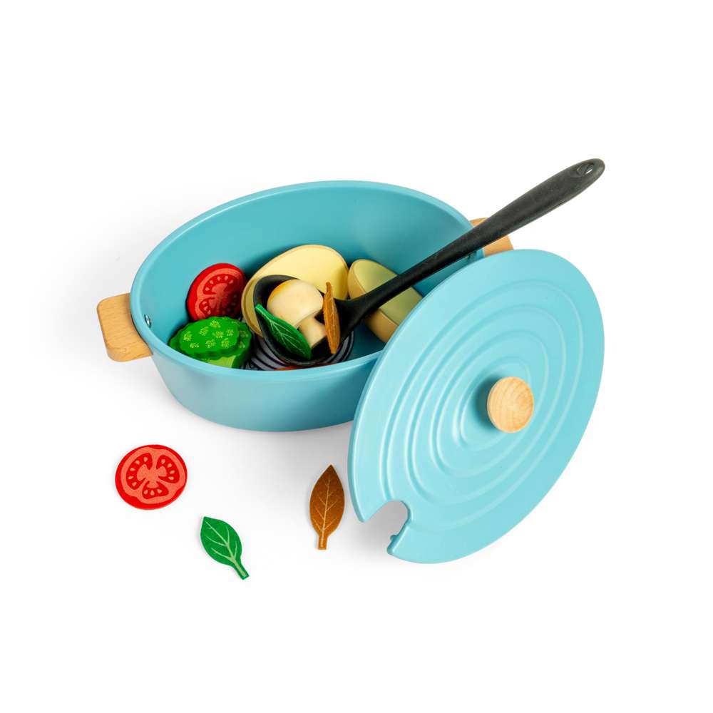 Bigjigs Toys Wooden Casserole Dish Set with Vegetables and Ladle 17 Pieces