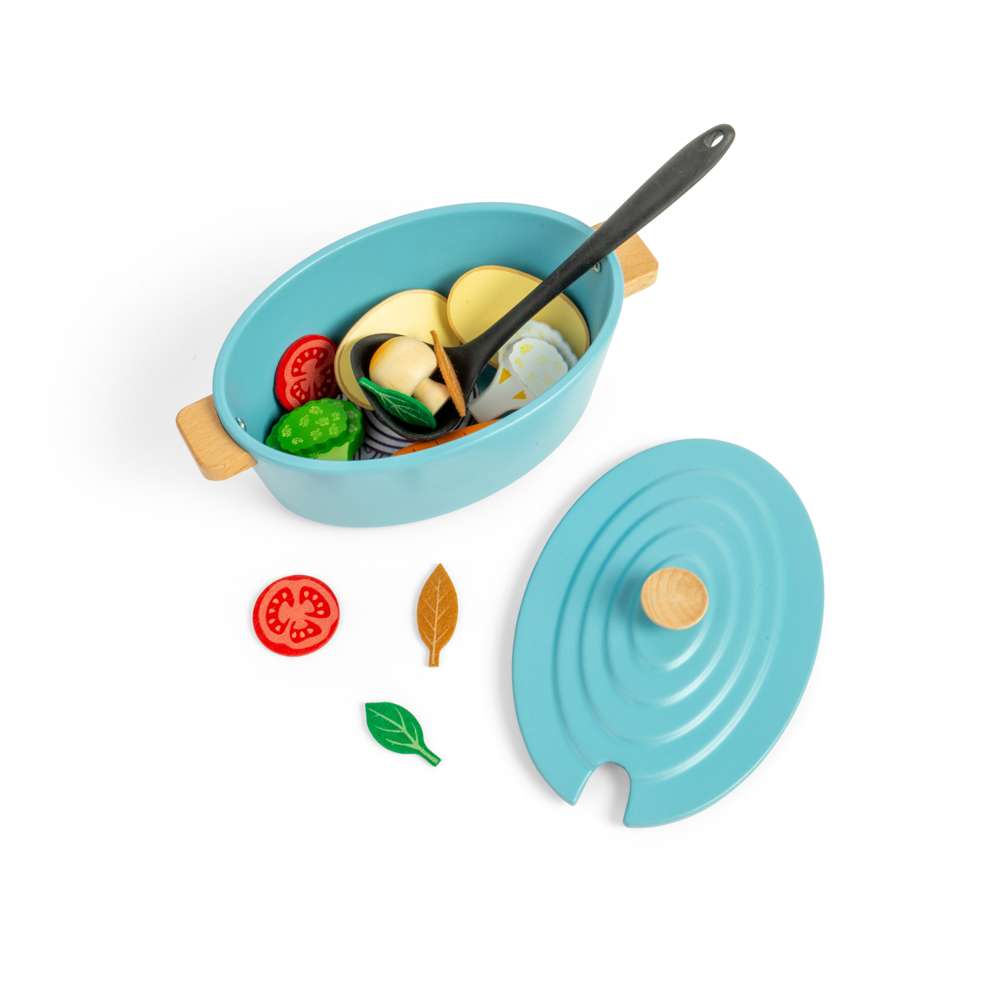 Bigjigs Toys Wooden Casserole Dish Set with Vegetables and Ladle 17 Pieces