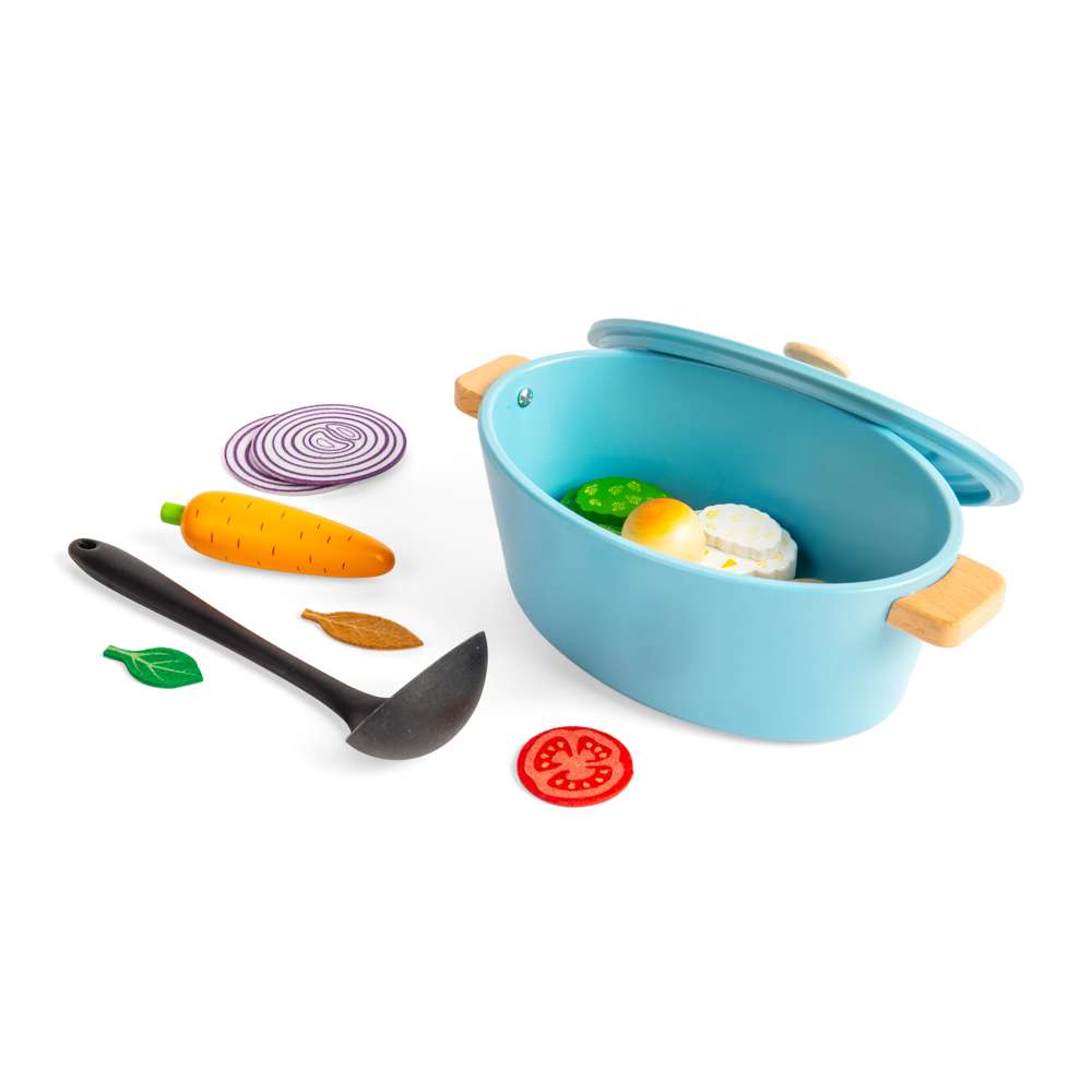 Bigjigs Toys Wooden Casserole Dish Set with Vegetables and Ladle 17 Pieces