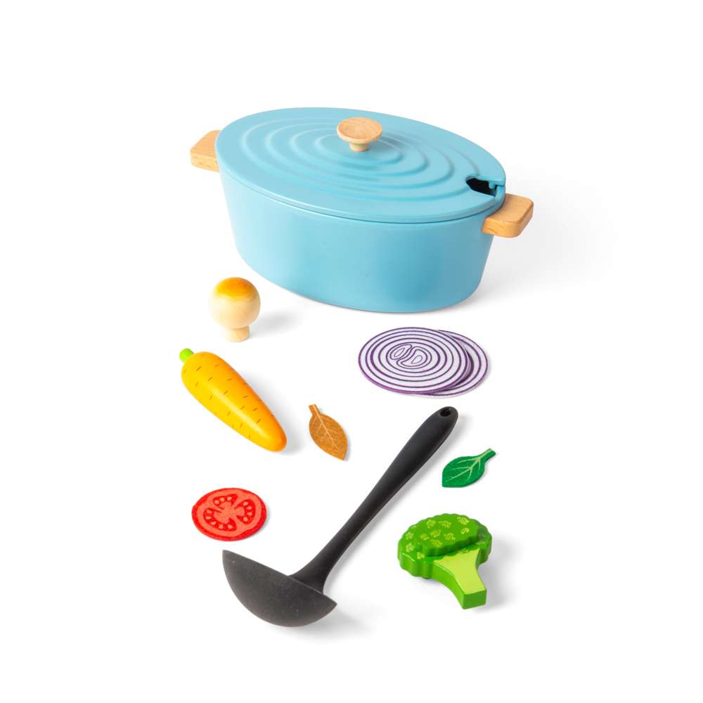 Bigjigs Toys Wooden Casserole Dish Set with Vegetables and Ladle 17 Pieces