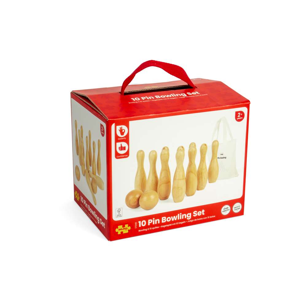 Bigjigs Toys Wooden 10 Pin Bowling Set Kids Sports Toy with 12 Pieces and Storage Bag