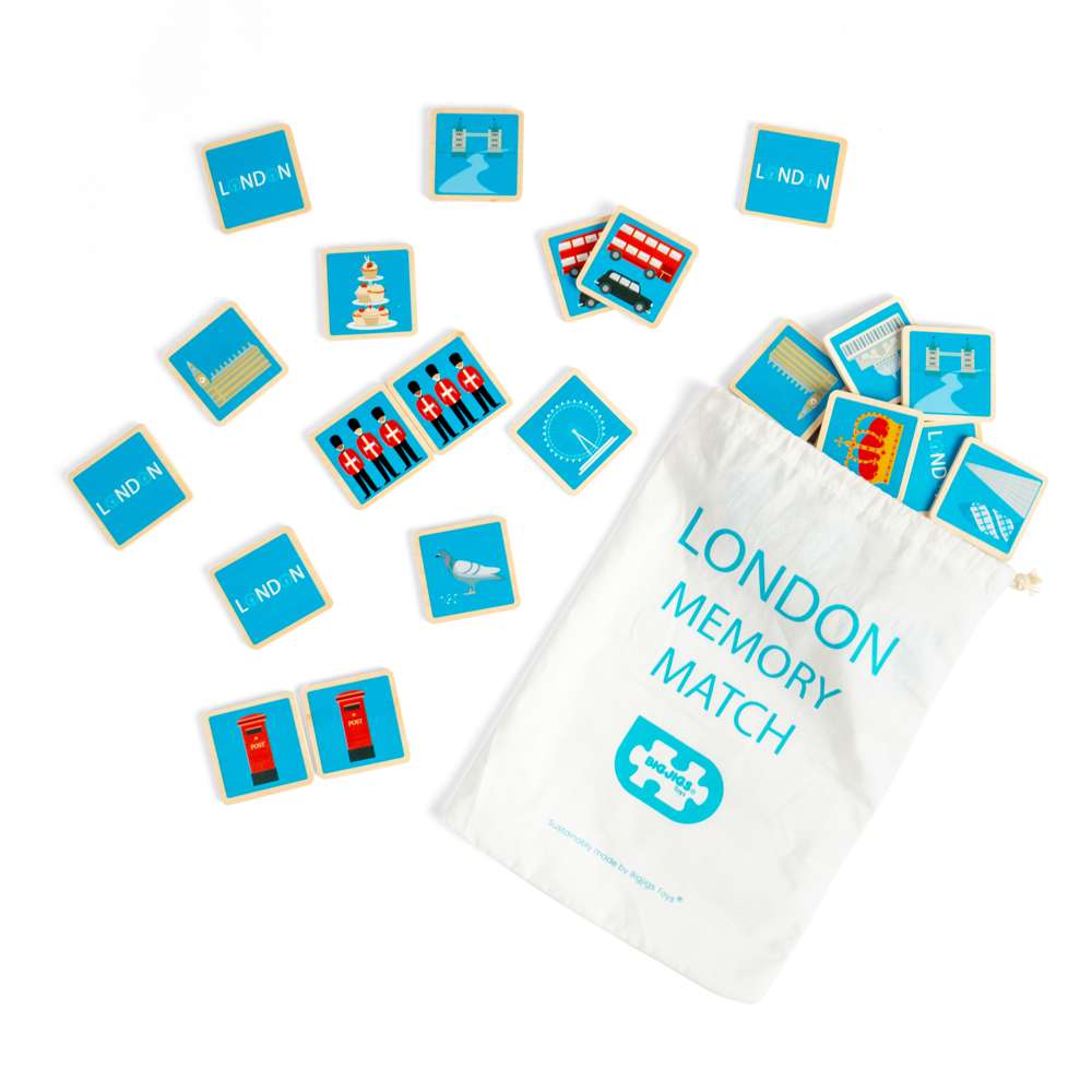 Bigjigs Toys London Memory Game Wooden Matching Toy with 32 Play Pieces and Tote Bag