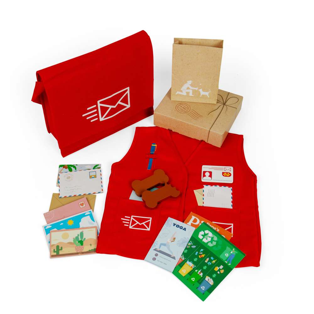 Bigjigs Toys Mail Carrier Dress Up Set Postman Costume with 17 Play Pieces for Kids Ages 3+