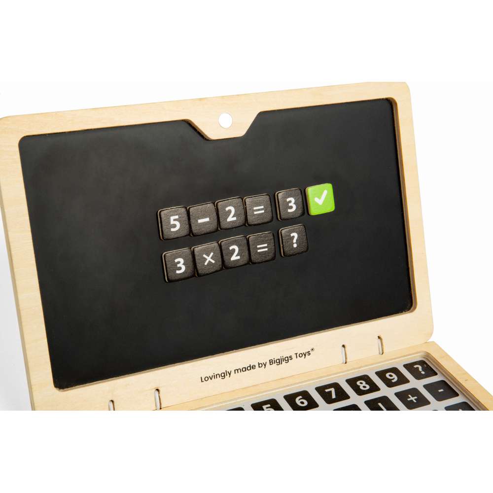 Bigjigs Toys Wooden Tech Set Screen Free Toy Laptop with Magnetic Letters and Numbers