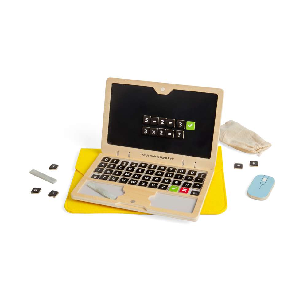 Bigjigs Toys Wooden Tech Set Screen Free Toy Laptop with Magnetic Letters and Numbers