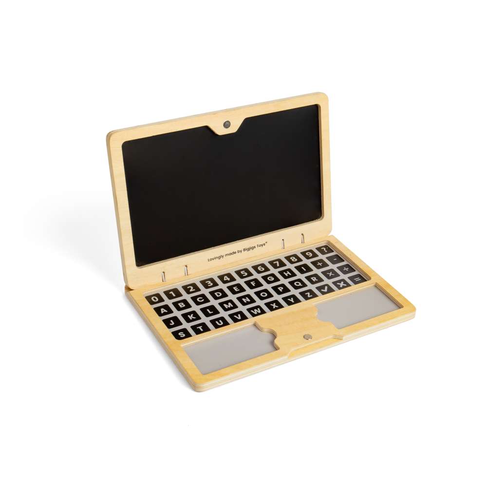 Bigjigs Toys Wooden Tech Set Screen Free Toy Laptop with Magnetic Letters and Numbers