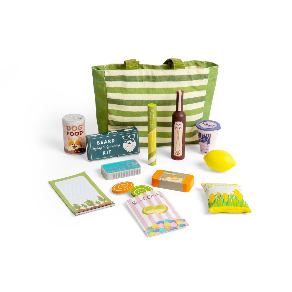 Bigjigs Toys Wooden Shopping Trip Set with 17 Play Pieces and Canvas Bag for Kids 18 Months Plus