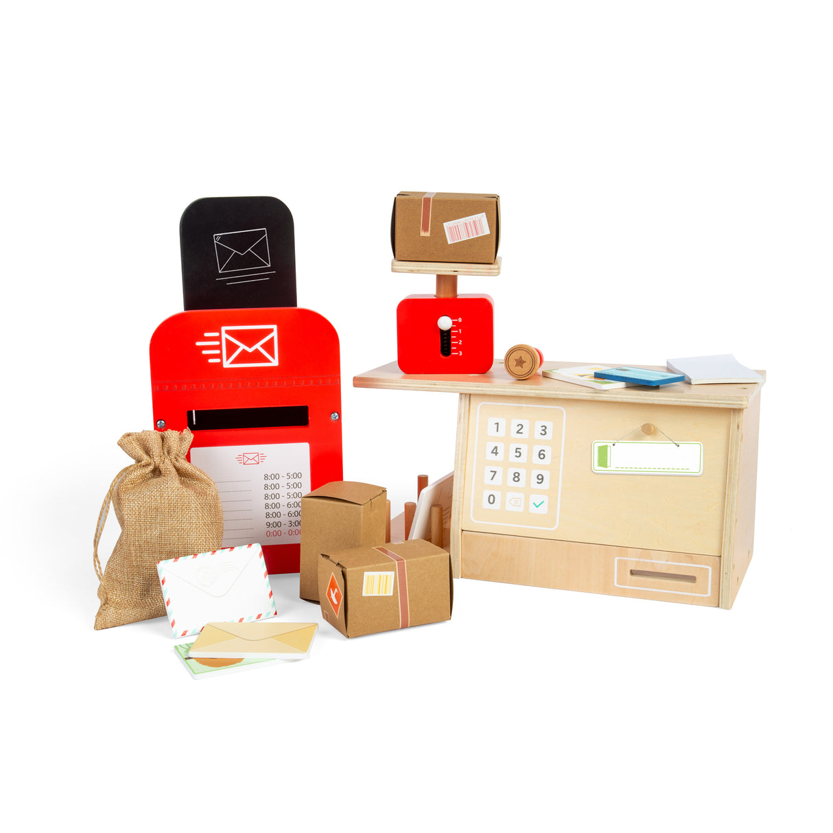 Bigjigs Toys Wooden Post Office Set 19 Piece Kids Role Play Toy Wood Toy Post Box and Scales