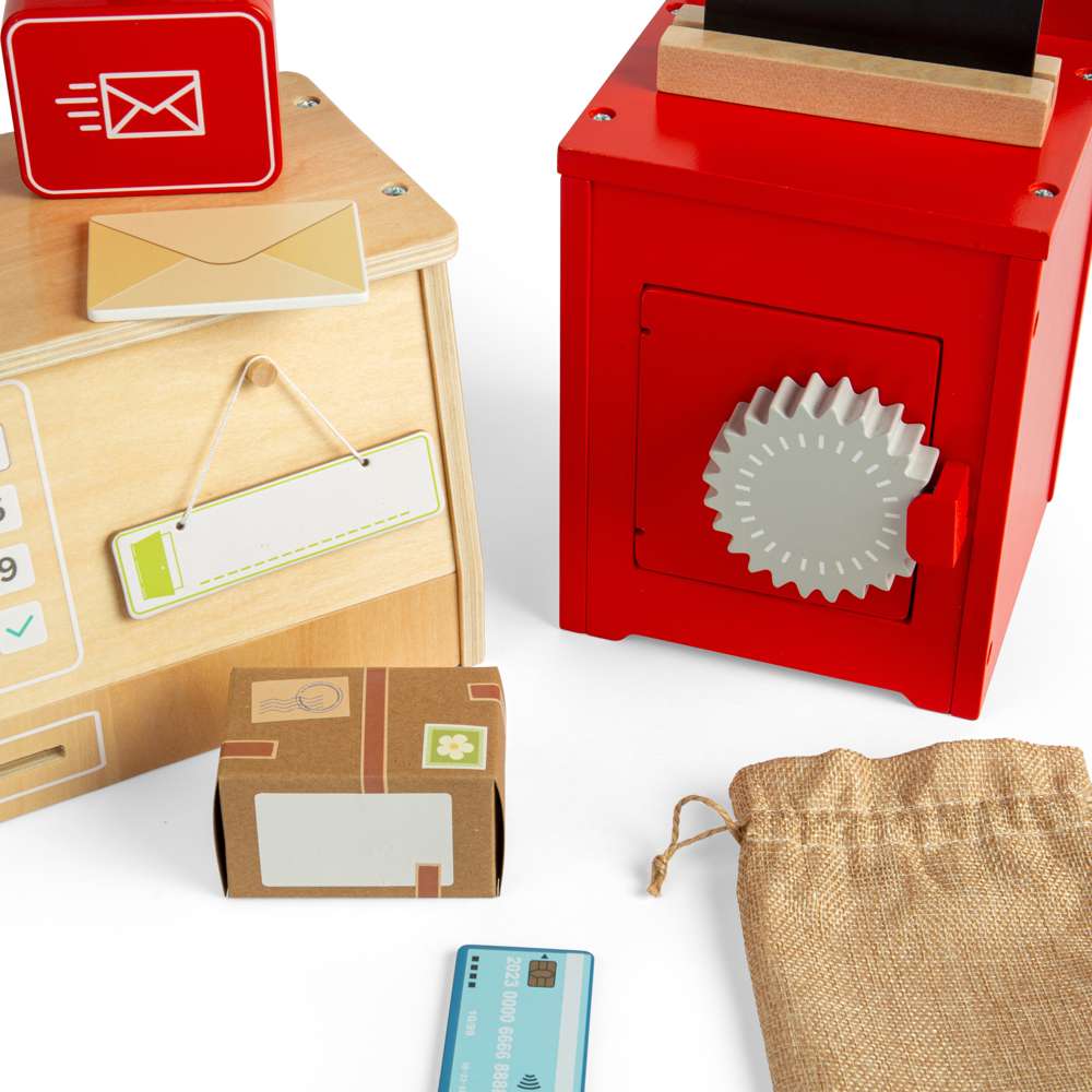 Bigjigs Toys Wooden Post Office Set 19 Piece Kids Role Play Toy Wood Toy Post Box and Scales