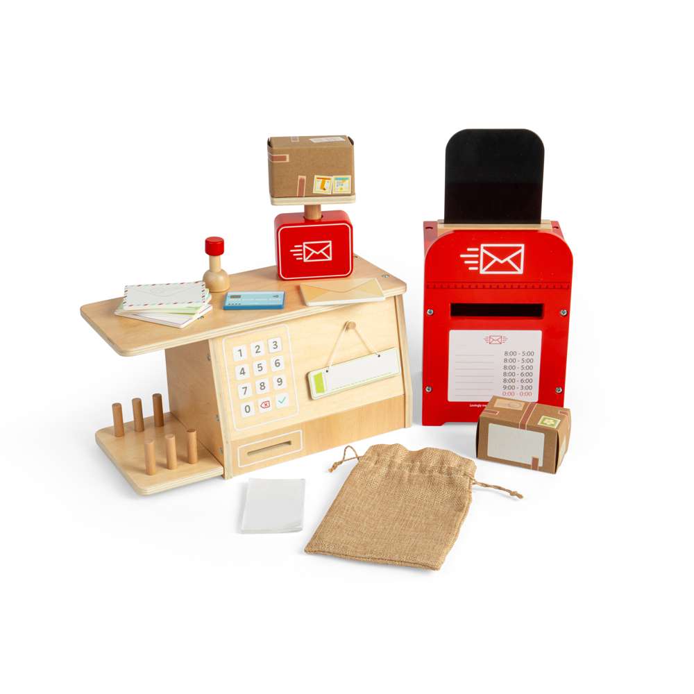 Bigjigs Toys Wooden Post Office Set 19 Piece Kids Role Play Toy Wood Toy Post Box and Scales