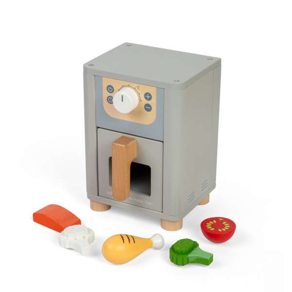 Bigjigs Toys Wooden Air Fryer Kids Toy Kitchen Accessory with 5 Play Food Pieces