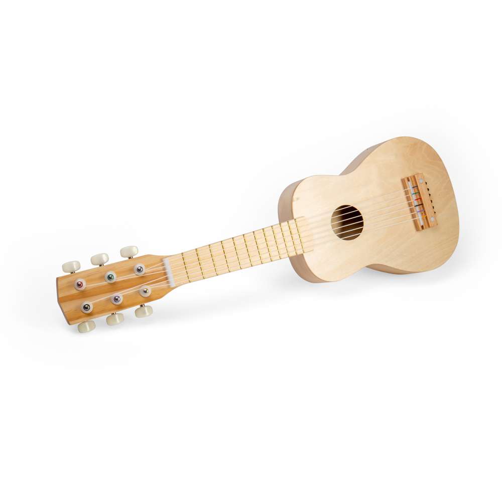 Bigjigs Toys Natural Wooden Acoustic Guitar for Kids with 6 Tunable Strings Stand and Plectrum