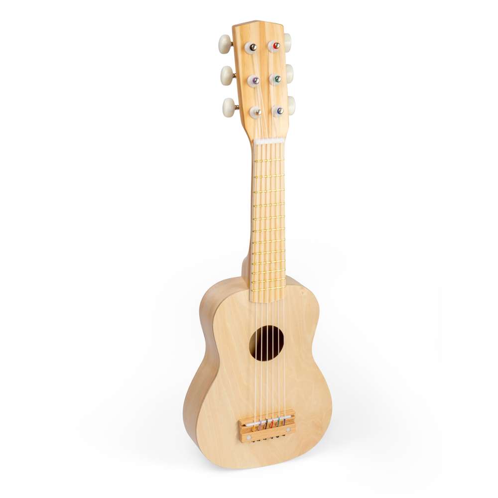 Bigjigs Toys Natural Wooden Acoustic Guitar for Kids with 6 Tunable Strings Stand and Plectrum