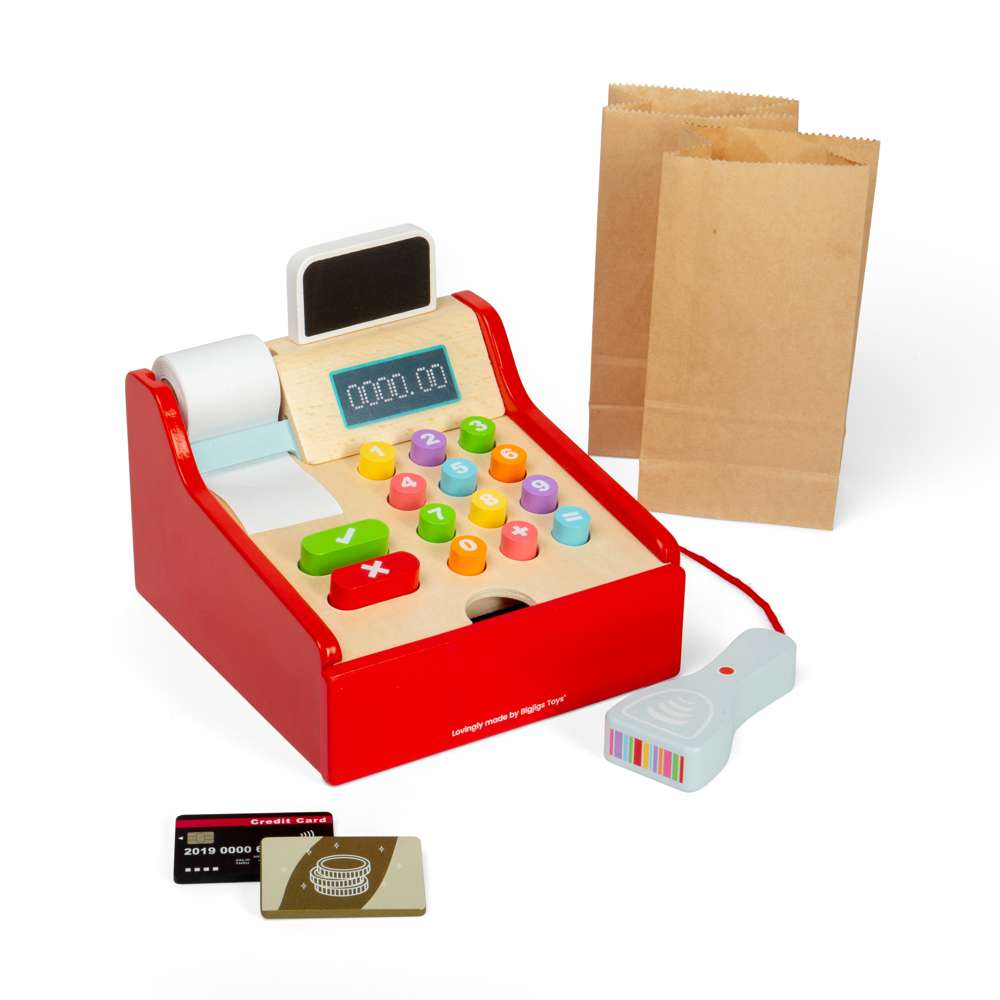 Bigjigs Toys Wooden Shop Till with Mini Scanner and Pretend Money Toy Kitchen Accessories For Kids