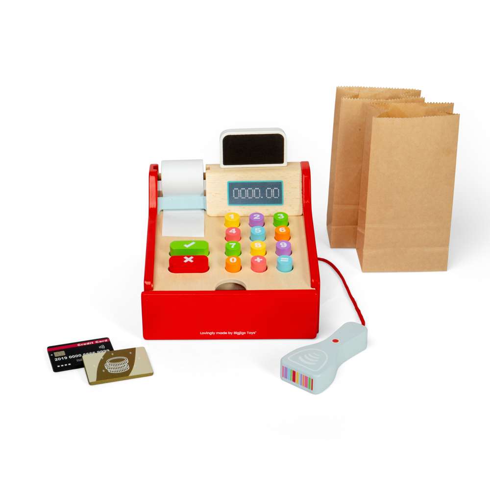 Bigjigs Toys Wooden Shop Till with Mini Scanner and Pretend Money Toy Kitchen Accessories For Kids