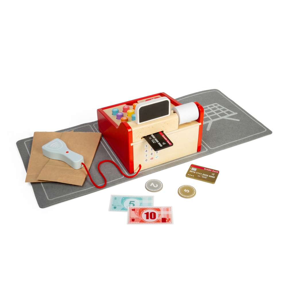 Bigjigs Toys Wooden Shop Till with Mini Scanner and Pretend Money Toy Kitchen Accessories For Kids
