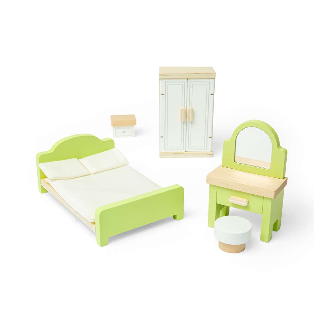 Bigjigs Toys Wooden Dolls House Bedroom Set with Bed Wardrobe and Dresser