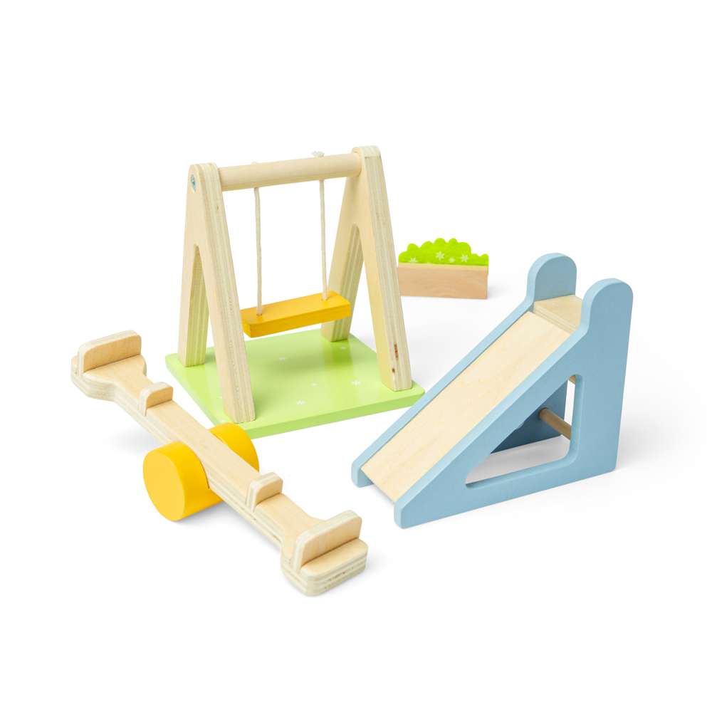 Bigjigs Toys Wooden Dolls House Garden Furniture Set with Swing Slide and Seesaw